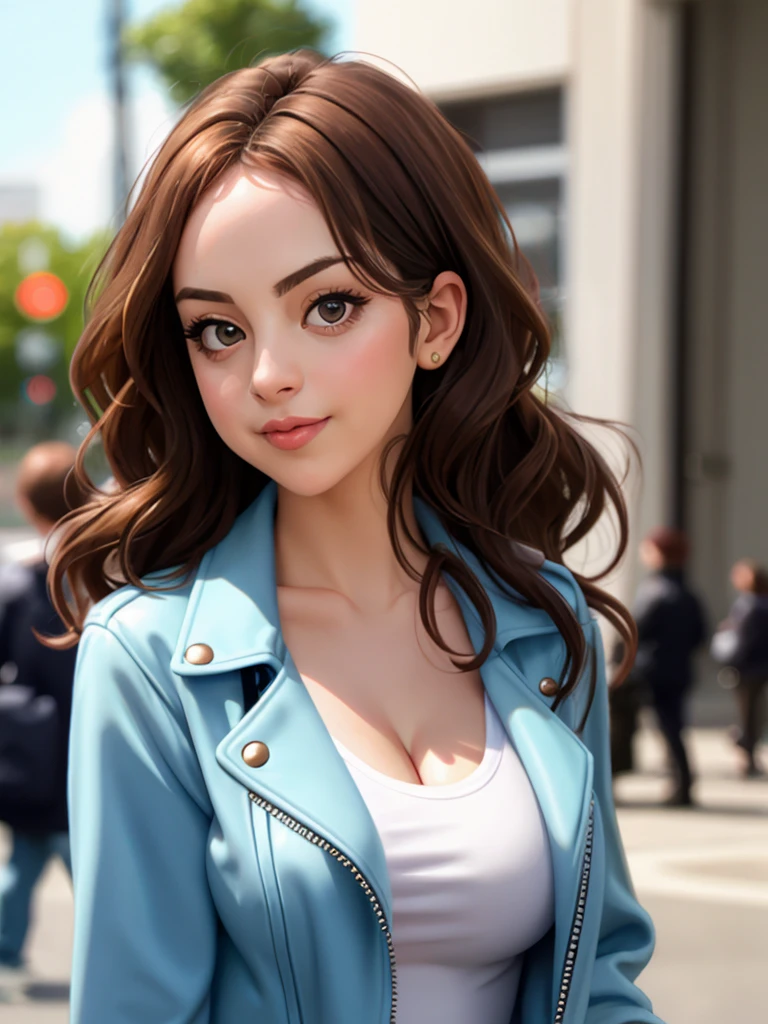 A beautiful 3l1z4b3thg,1girl, solo, long hair, breasts, looking at viewer, smile, brown hair, shirt, cleavage, medium breasts, closed mouth, collarbone, jacket, white shirt, upper body, blurry, lips, blurry background, wavy hair, denim, realistic, denim jacket, soft lighting, professional Photography, Photorealistic, detailed, RAW, analog, sharp focus, 8k, HD, high quality, masterpiece<lora:3l1z4b3thg:1.0>