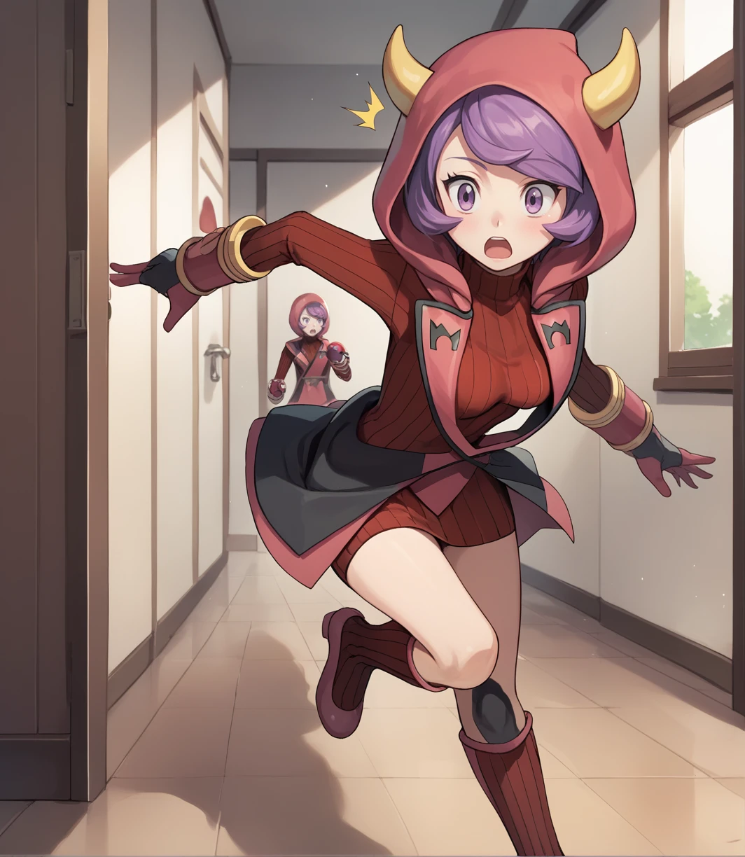 score_9,score_8_up,score_7_up,score_6_up,source anime BREAK,
1girl, courtney (pokemon), purple hair, swept bangs, eyelashes, purple eyes, short hair, medium breasts,
hood, hood up, horned headwear, team magma uniform, ribbed sweater, fake horns, turtleneck dress, hoodie, gloves
surprised, running, full body, indoors,
<lora:courtney_v1_0:1>