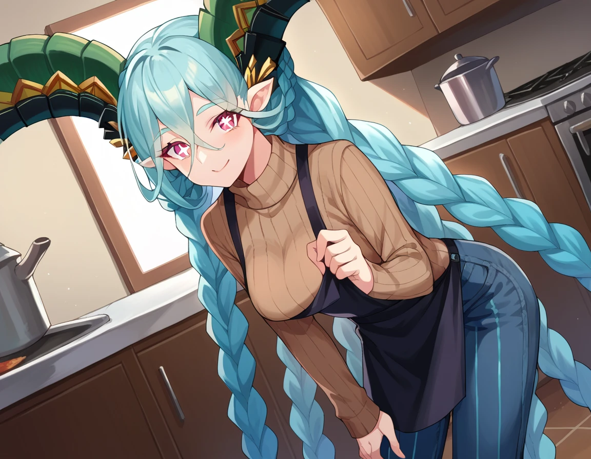 cute young girl, light blue hair, long hair, small braids hair, yellow eyes, dragon horn, dragon tail, elf ear, muscular body, small breast, nude, cute pose, blushing, smile, cooking