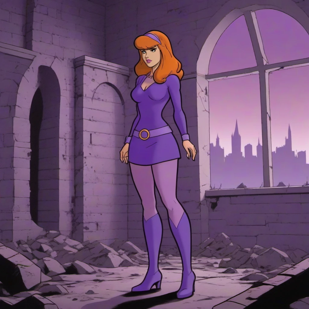 Dystopian style a full body daphne blake dressed purple, haunted house  <lora:DaphneBlake1024:0.8> . Bleak, post-apocalyptic, somber, dramatic, highly detailed