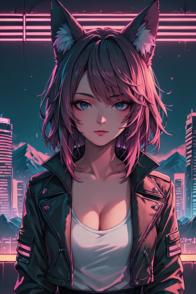 <lora:RetroWave_PonyXL:1> score_9, score_8_up, score_7_up, score_6_up, source_anime, retrowave, mountainous horizon, sunset, neon lights, cityscape, 1girl, fox ears, looking at viewer, cleavage, jacket, neon trim