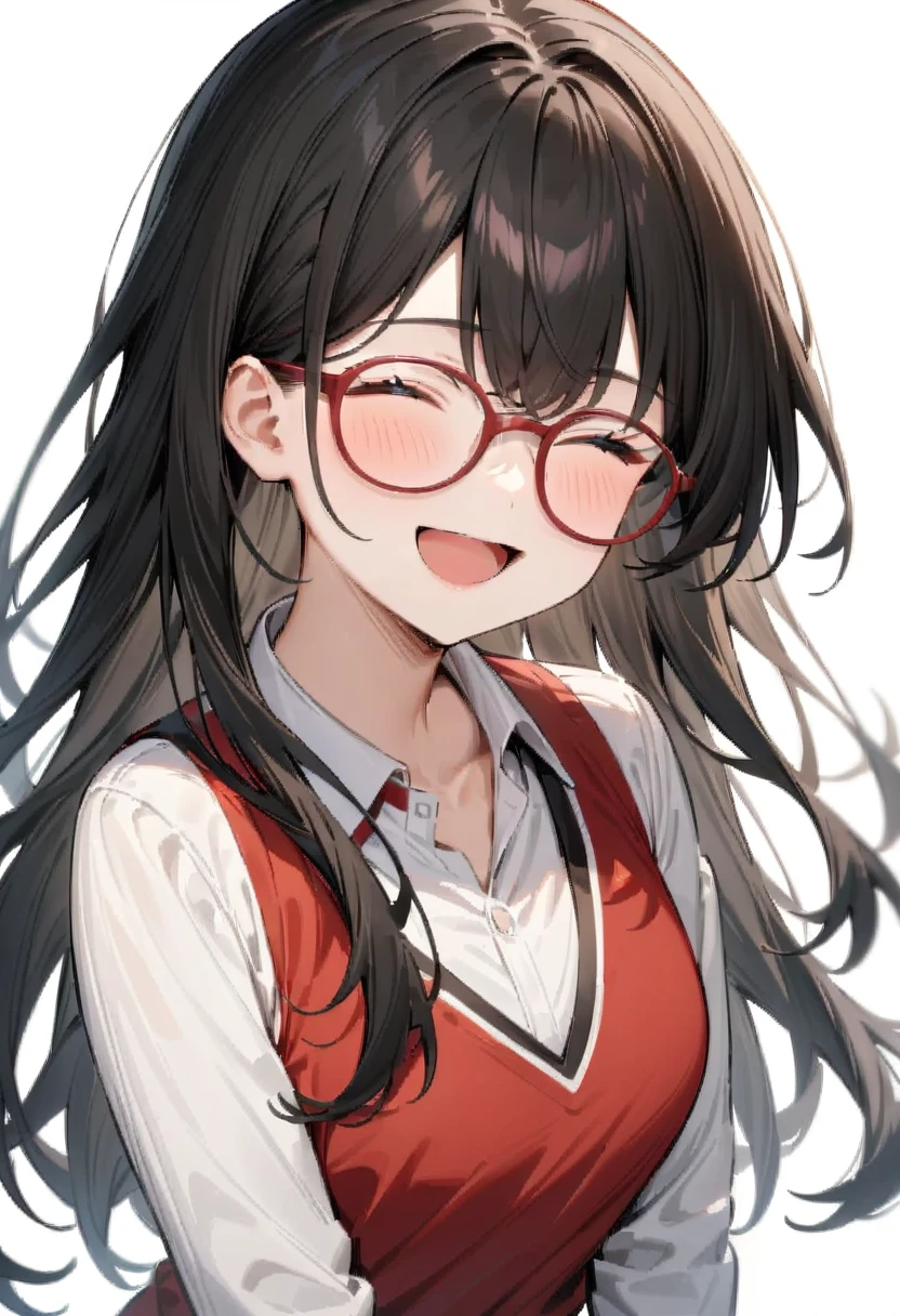 masterpiece, best quality, very aesthetic, absurdres, 
1girl, solo, black hair, long hair,
g-boston19s,  glasses, red-framed eyewear,
collared shirt, happy, smile, looking at another, closed eyes, open mouth, white background, simple background,
 <lora:glasses_boston_19s_SDXL_V1:1>