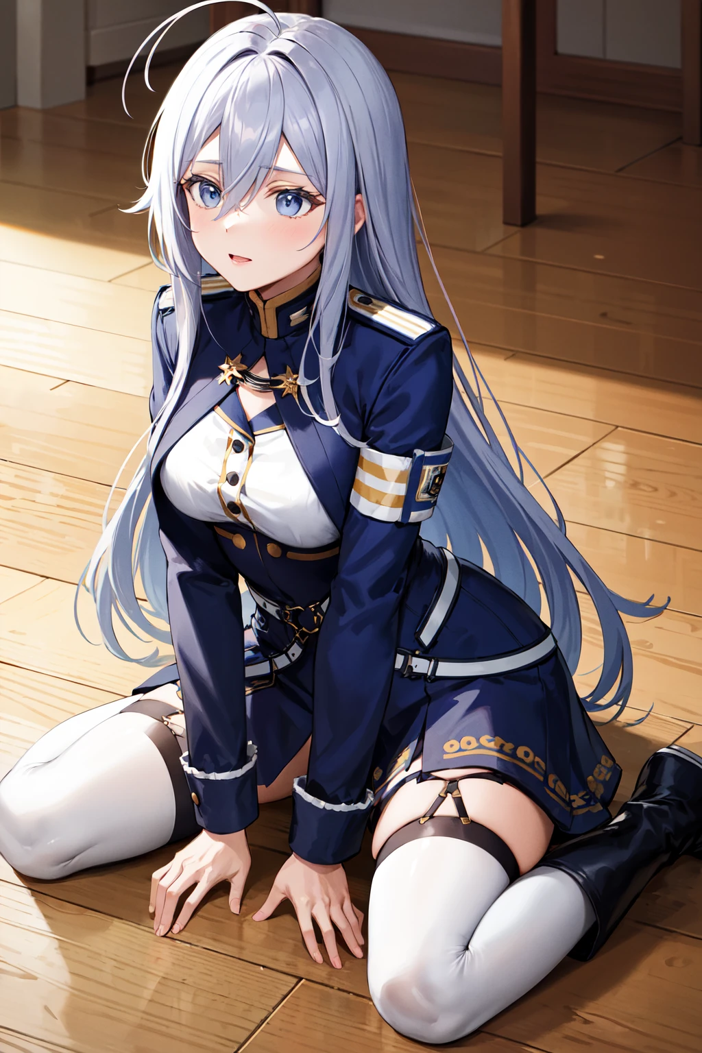 masterpiece, best quality, highres, aalena, long hair, antenna hair, hair between eyes, medium breasts, military uniform, white shirt, blue jacket, armband, long sleeves, white belt, blue skirt, garter straps, white thighhighs, <lora:vladilena_millize_v1:0.7>, wariza, indoors, on floor, boots