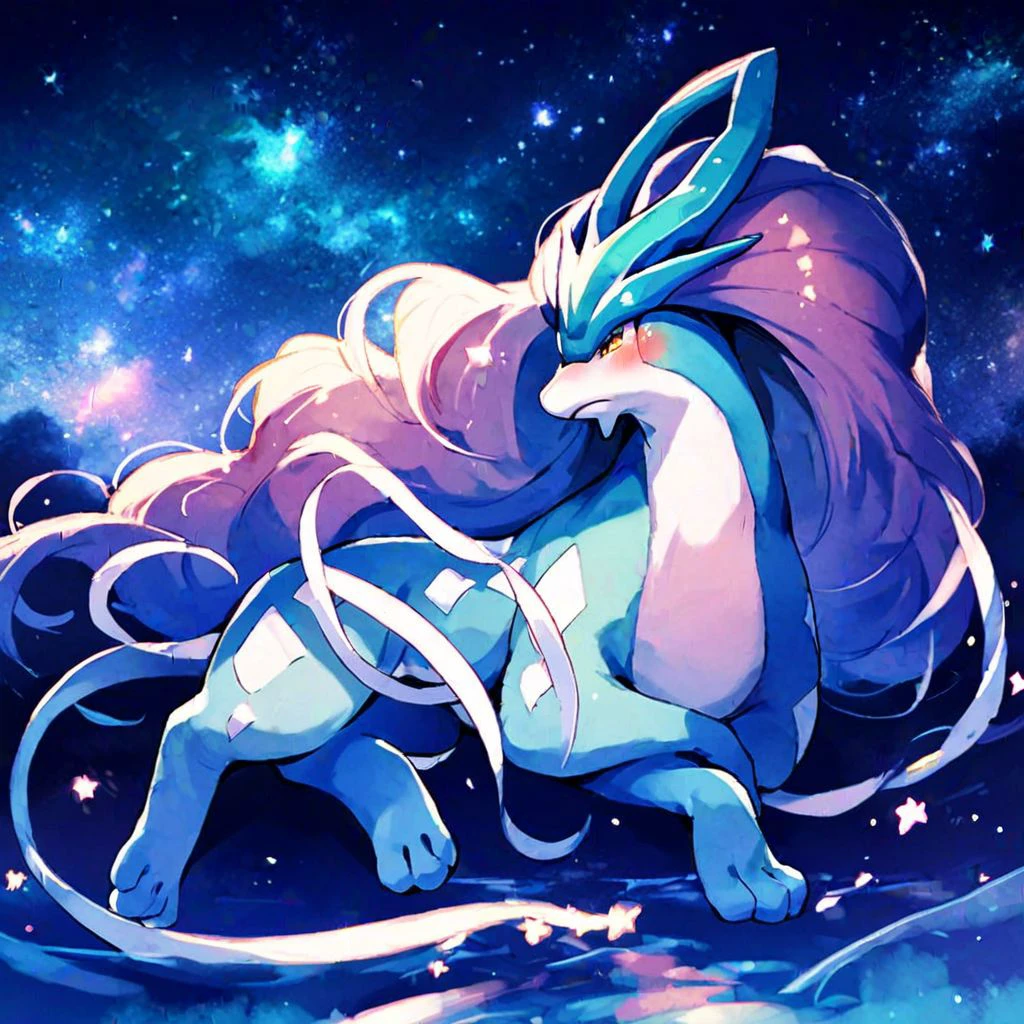 score_9, score_8_up, score_7_up, source_furry,  rating_safe, suicune, suicune feral, feral, on side, blush, arms crossed, starry sky