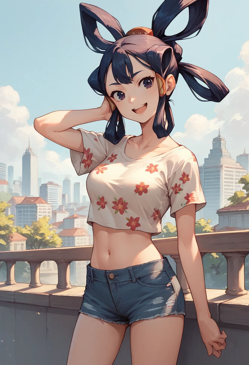 score_9, score_8_up, score_7_up, source_anime, 1girl, cowboy shot, adjusting hair, looking at you, smile, open mouth, <lora:SakunaRR-pdxl:1> sakunaRR, hair rings, medium breasts, midriff, denim shorts, floral print, crop top, city