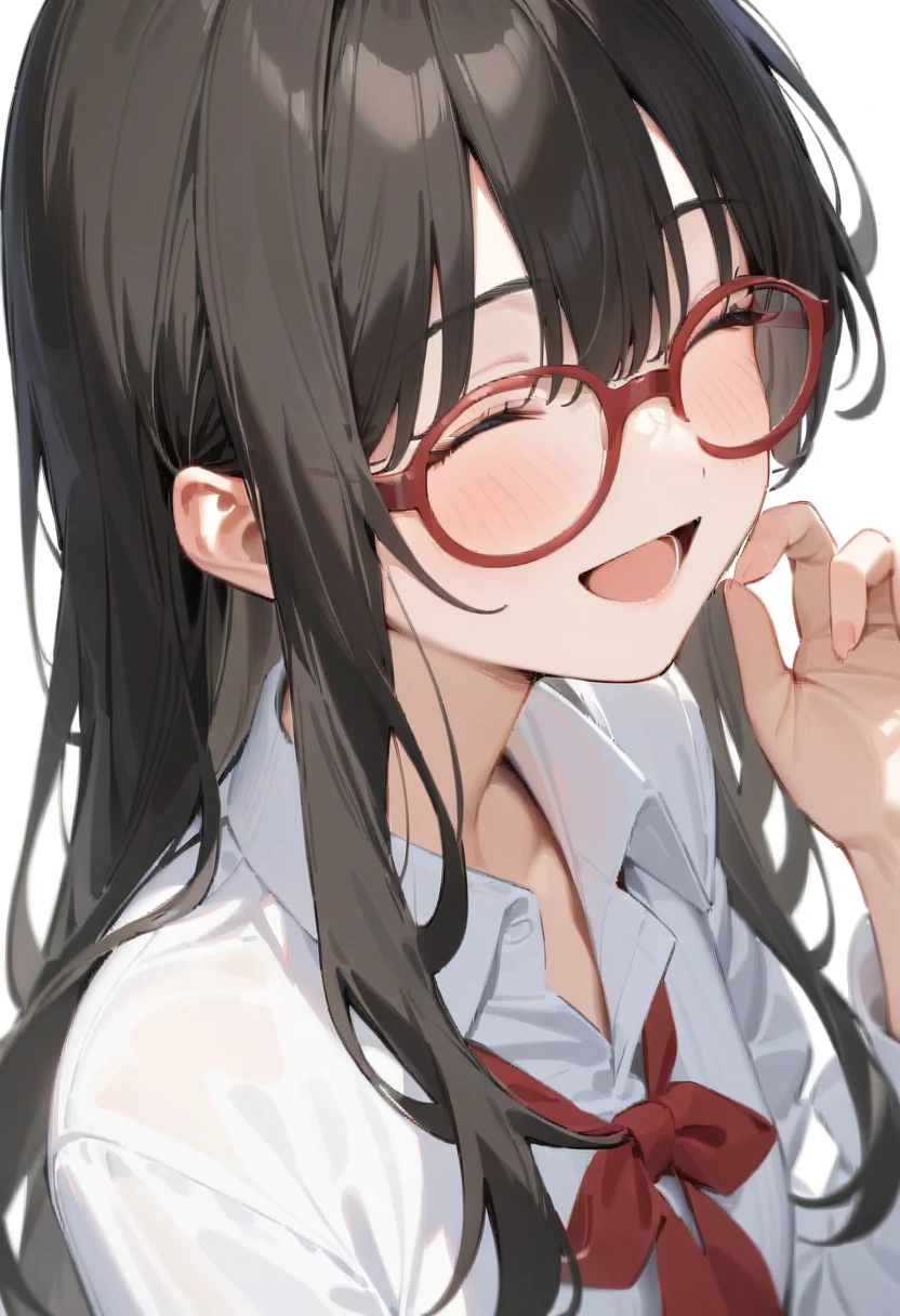 masterpiece, best quality, very aesthetic, absurdres, 
1girl, solo, black hair, long hair,
g-boston19s,  glasses, red-framed eyewear,
collared shirt, happy, smile, looking at another, closed eyes, open mouth, white background, simple background,
 <lora:glasses_boston_19s_SDXL_V1:1>