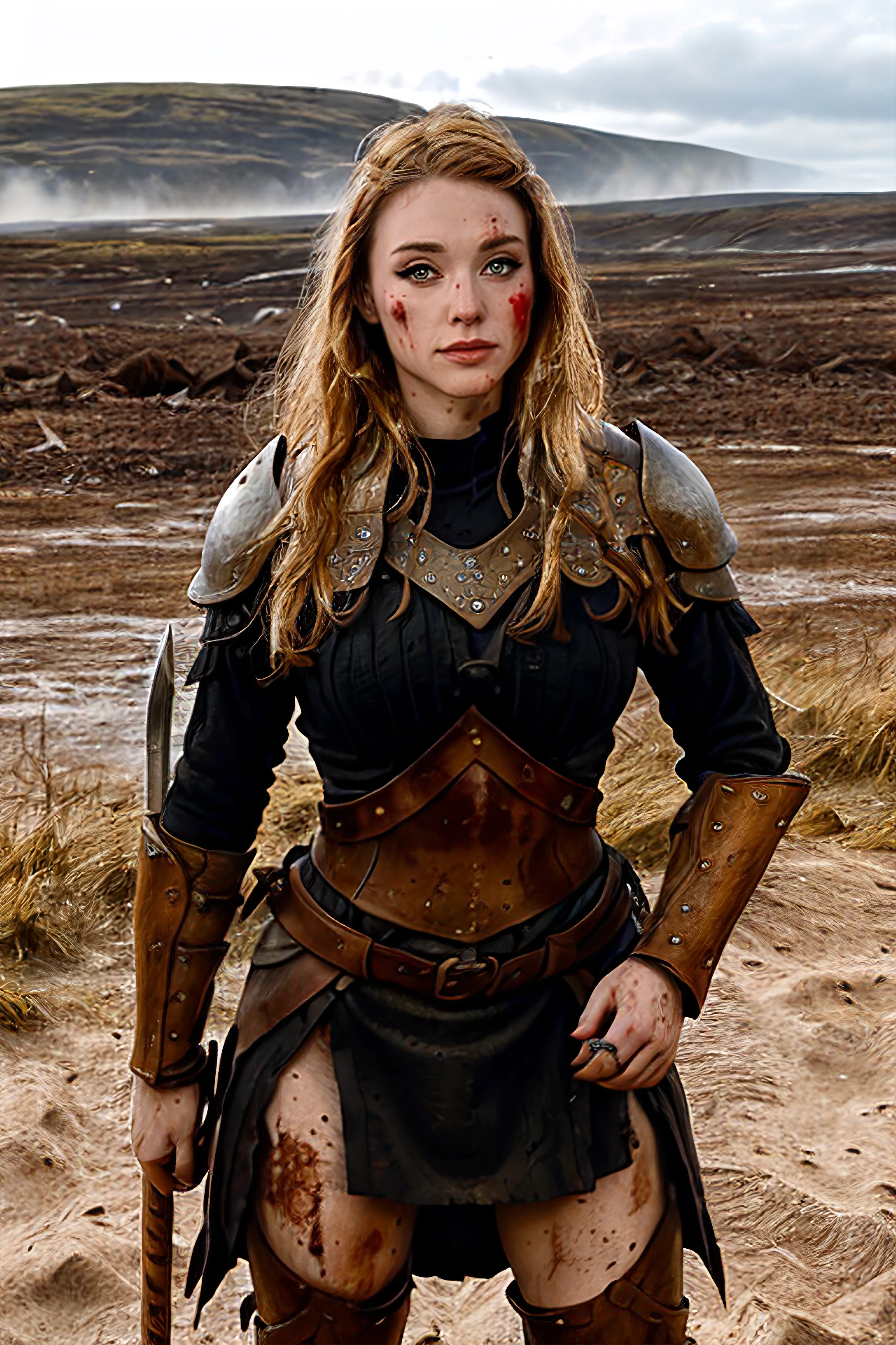 4m0ur4nth, 1 female viking warrior wearing leather armor and holding a wooden shield standing in an open field, dirt grime and blood all over her