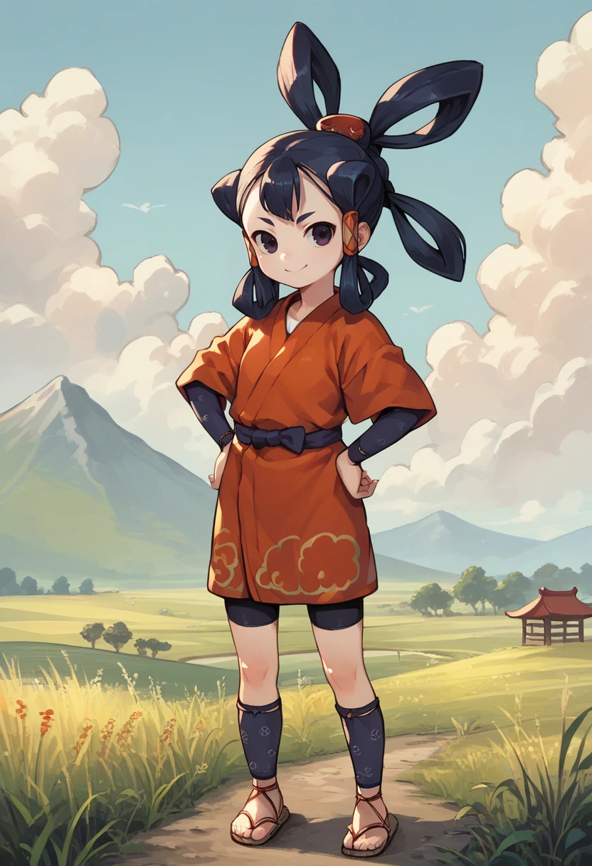 score_9, score_8_up, score_7_up, source_anime, 1girl, looking at viewer, smile, standing, hands on hips, <lora:SakunaRR-pdxl:1> sakunaRR, kimono, hair rings, bike shorts, sandals, outdoors, field, sky