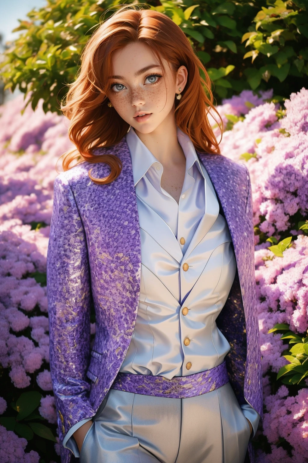 <lora:detail_slider_v4:1> <lora:Fr3ckles:0.75> Fr3ckles, ginger hair, long hair, grey eyes, freckles, 1girl,  <lora:purpsu1t:0.75> purpsu1t, purple suit, flowers,