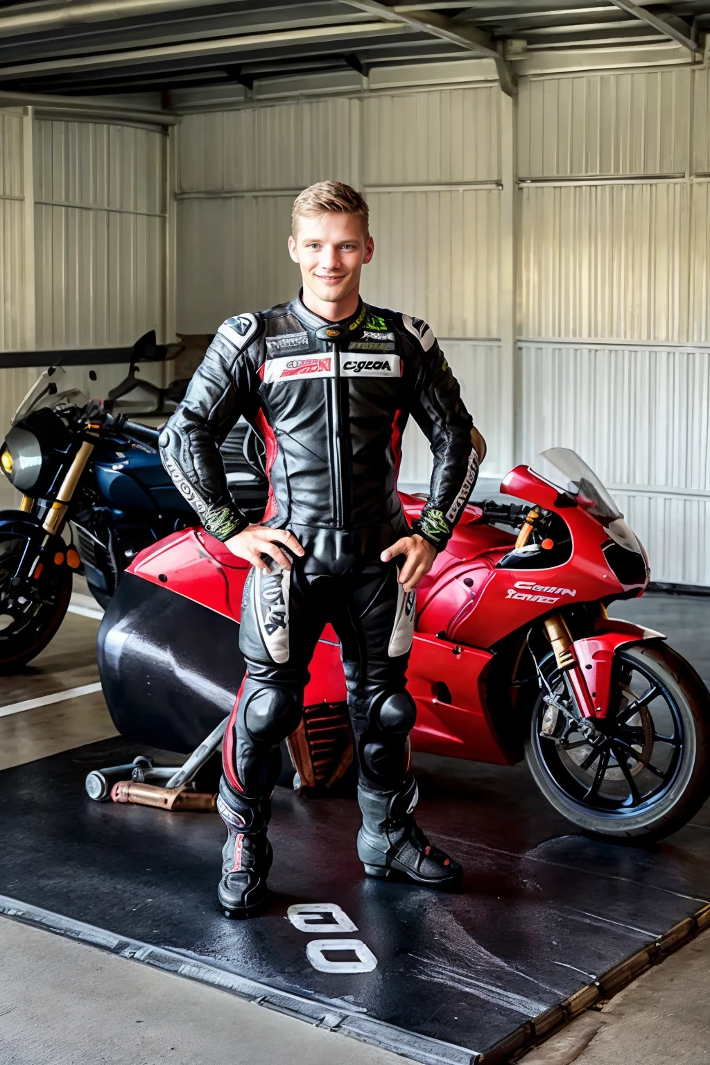 motorcycle racetrack garage, ViggoSorensen, wearing motorcycle racing suit, (standing beside motorcycle:1.7), smiling, (((full body portrait))), wide angle,  <lora:ViggoSorensen:0.8>