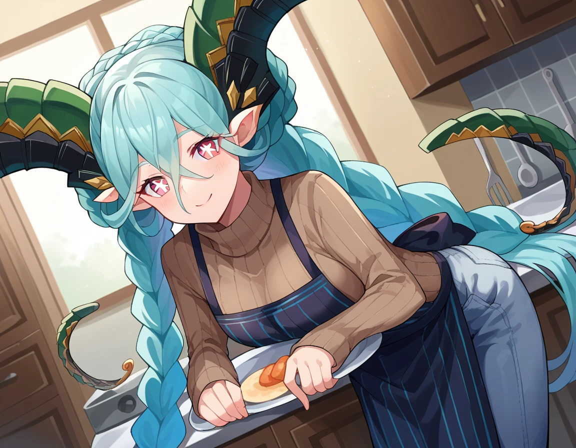 score_9, score_8_up, score_7_up, source_anime,
fatetiamat, <lora:fate-tiamat-ponyxl-lora-nochekaiser:1>,
tiamat, absurdly long hair, aqua hair, braid, curled horns, gradient hair, horns, long horns, multicolored hair, pink eyes, pointy ears, symbol-shaped pupils, twin braids, x-shaped pupils,
apron, black apron, brown sweater, ribbed sweater, sweater, turtleneck, turtleneck sweater, pants, denim,
indoors, kitchen, bent over, smile,
looking at viewer, cowboy shot, dutch angle,