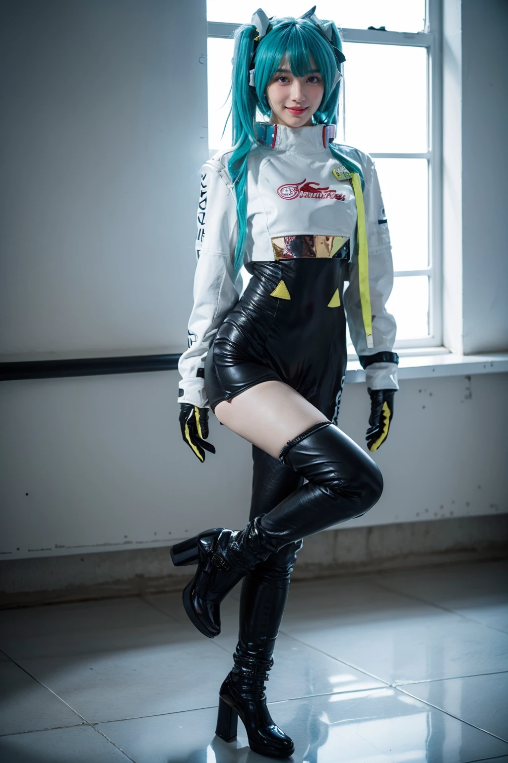 best quality, masterpiece, realistic, photorealistic, 1girl, solo, looking at viewer, smile, standing, full body, arms at side, hatsune miku cosplay costume, hatsune miku, racing miku, cosplay, twintails, aqua hair, very long hair, bodysuit, black bodysuit, asymmetrical bodysuit, crop top, white crop top, cropped jacket, white cropped jacket, long sleeves, logo on crop top, logo, print bodysuit, hair ornament, gloves, two-tone gloves, clothes writing, single legwear, single thigh boot, high heel, racing track, race vehicle, racecar, <lora:miku_cosplay_Racing2022_v1:0.75>