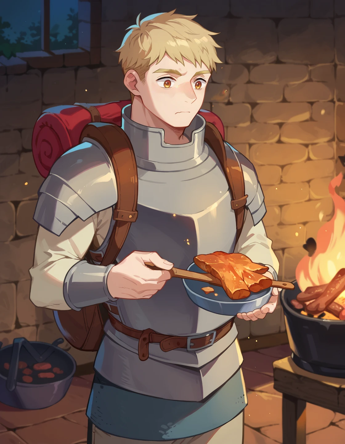 score_9, score_8_up, score_7_up, score_6_up, source anime, BREAK
<lora:dungeon_meshi_laios:0.8> soialpnxl, laios thorden, 1boy, male focus, armor, food, campfire, cooking, backpack, closed mouth, solo, cowboy shot, dungeon meshi,