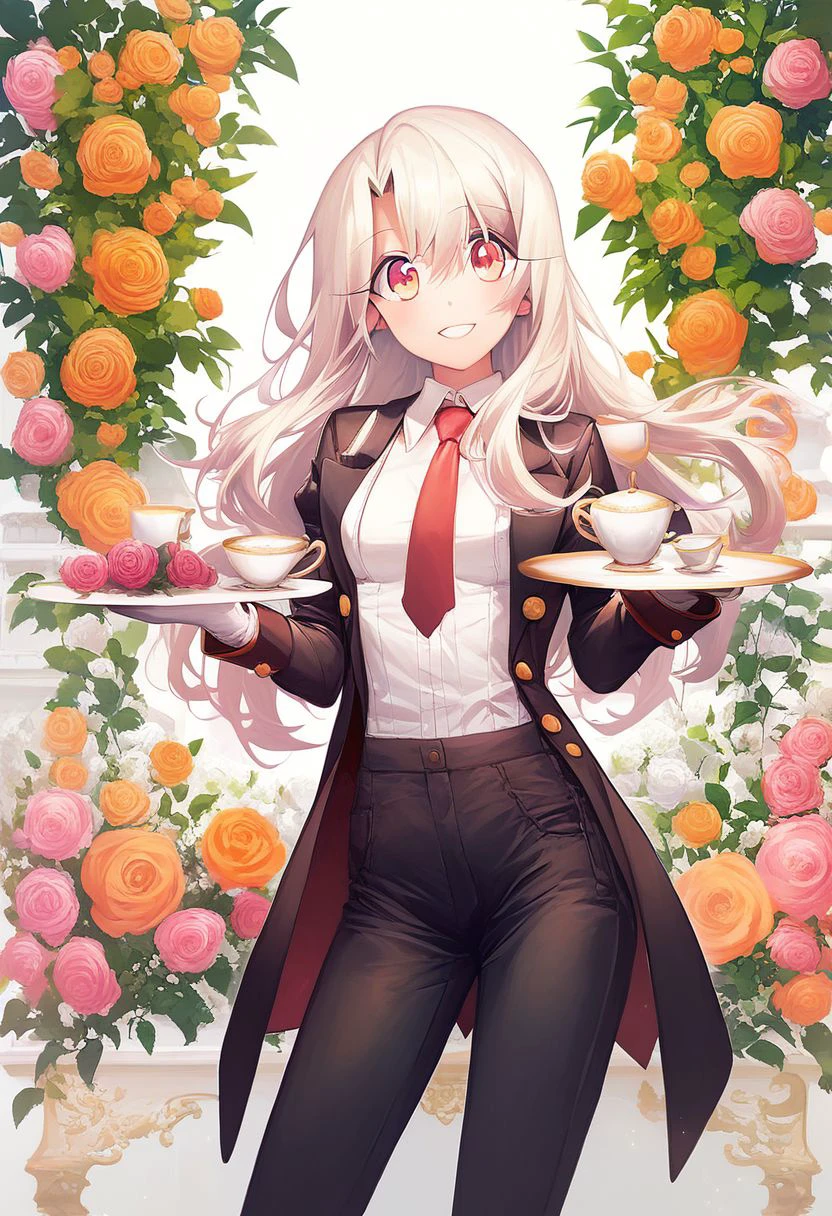 score_9, score_8_up, score_8, medium breasts, cute, eyelashes,  
1girl, black jacket, black pants, butler, cowboy shot, cup, female butler, flower, gloves, hair between eyes, holding, holding plate, illyasviel von einzbern, jacket, long hair, looking at viewer, necktie, open clothes, open jacket, orange flower, orange rose, pants, pink flower, pink rose, plate, red eyes, red flower, red necktie, red rose, rose, silver hair, smile, solo, standing, teacup, white gloves