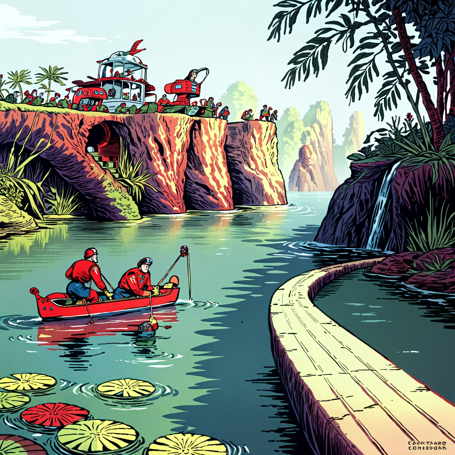 score_9, score_8_up, score_7_up, score_6_up, score_5_up, score_4_up, source_cartoon, BREAK, two men traveling down a river in a gunboat, lioncom, retro artstyle, helmet, military, 2boys, weapon, uniform, science fiction, gunboat, jungle, river,