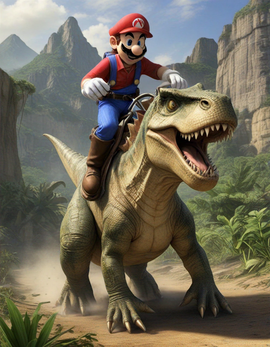 super mario riding a dinosaur, fun, friendly