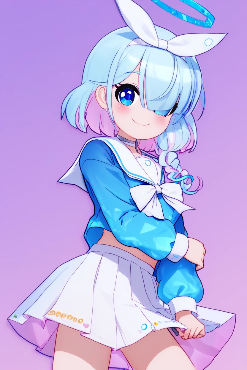 high resolution, score_9, score_8_up, score_8, medium breasts, cute, eyelashes , arona, <lora:arona-ponyxl-lora-nochekaiser:1>, arona, blue eyes, blue hair, hair over one eye, bangs, halo, mechanical halo, long sleeves, ribbon, school uniform, serafuku, skirt, white skirt, cowboy shot, smile, looking at viewer,, <lora:CuteCitron:1.3>,