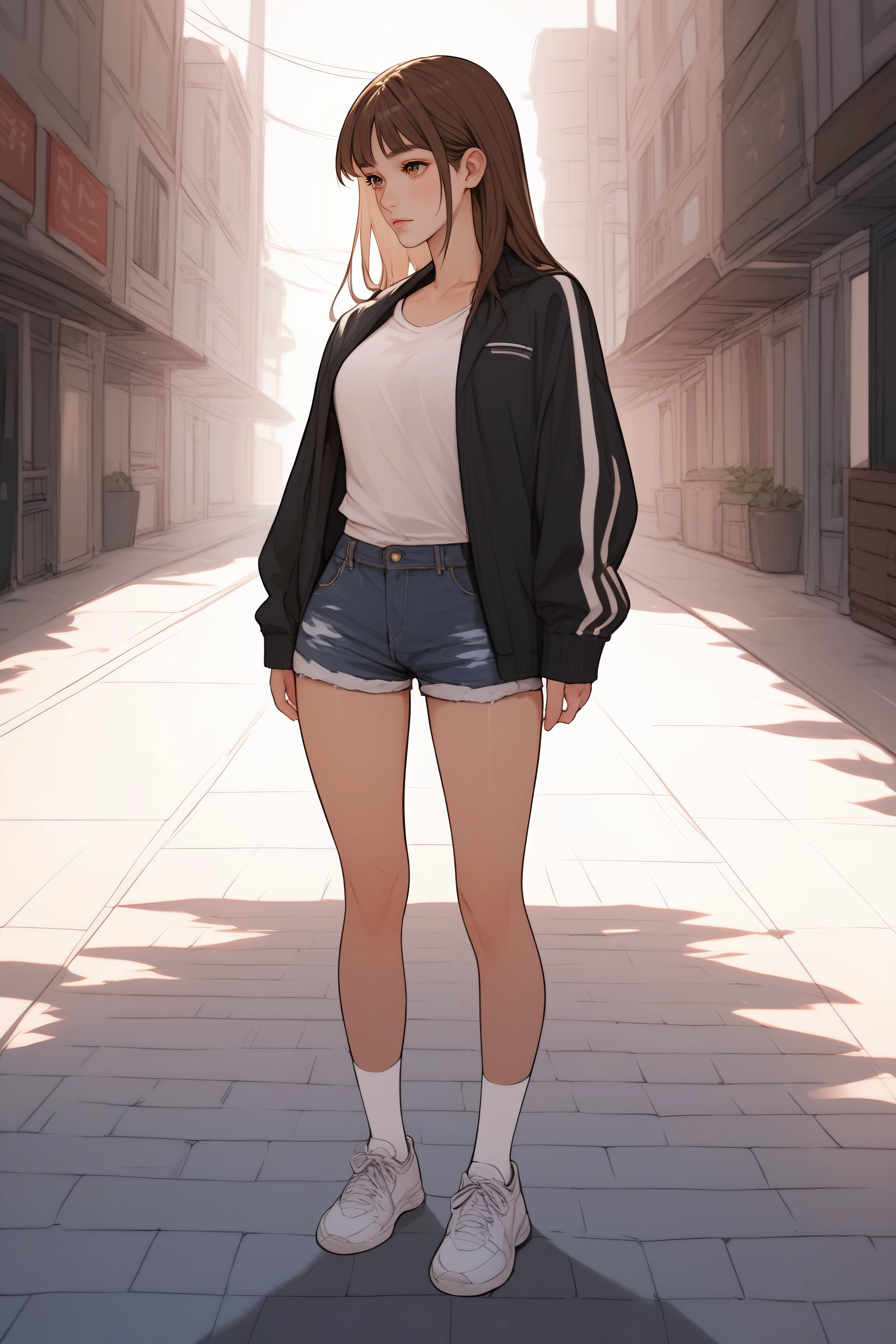 score_9, score_8_up, score_7_up, <lora:Bomi Choi-PonyXL-lora-Faxtron:0.7> bomi choi, brown eyes, brown hair, long hair, medium breasts, black jacket, white socks, denim short shorts, white sneakers, standing,