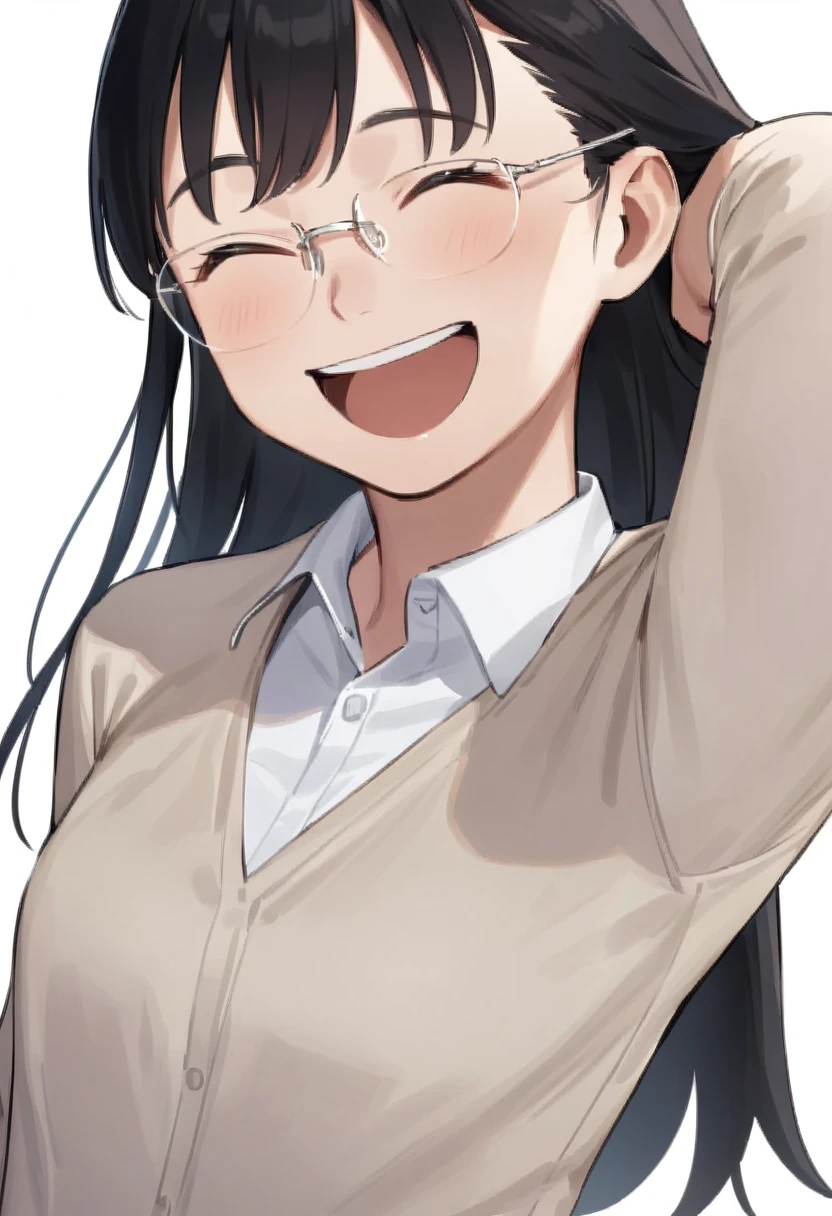 masterpiece, best quality, very aesthetic, absurdres,
1girl, solo, black hair, long hair,
rimless18s, glasses,
collared shirt, happy, smile, looking at another, closed eyes, open mouth, white background, simple background,
<lora:glasses_rimless_18s_SDXL_V1:0.8> <lora:comiclo_a31:1>