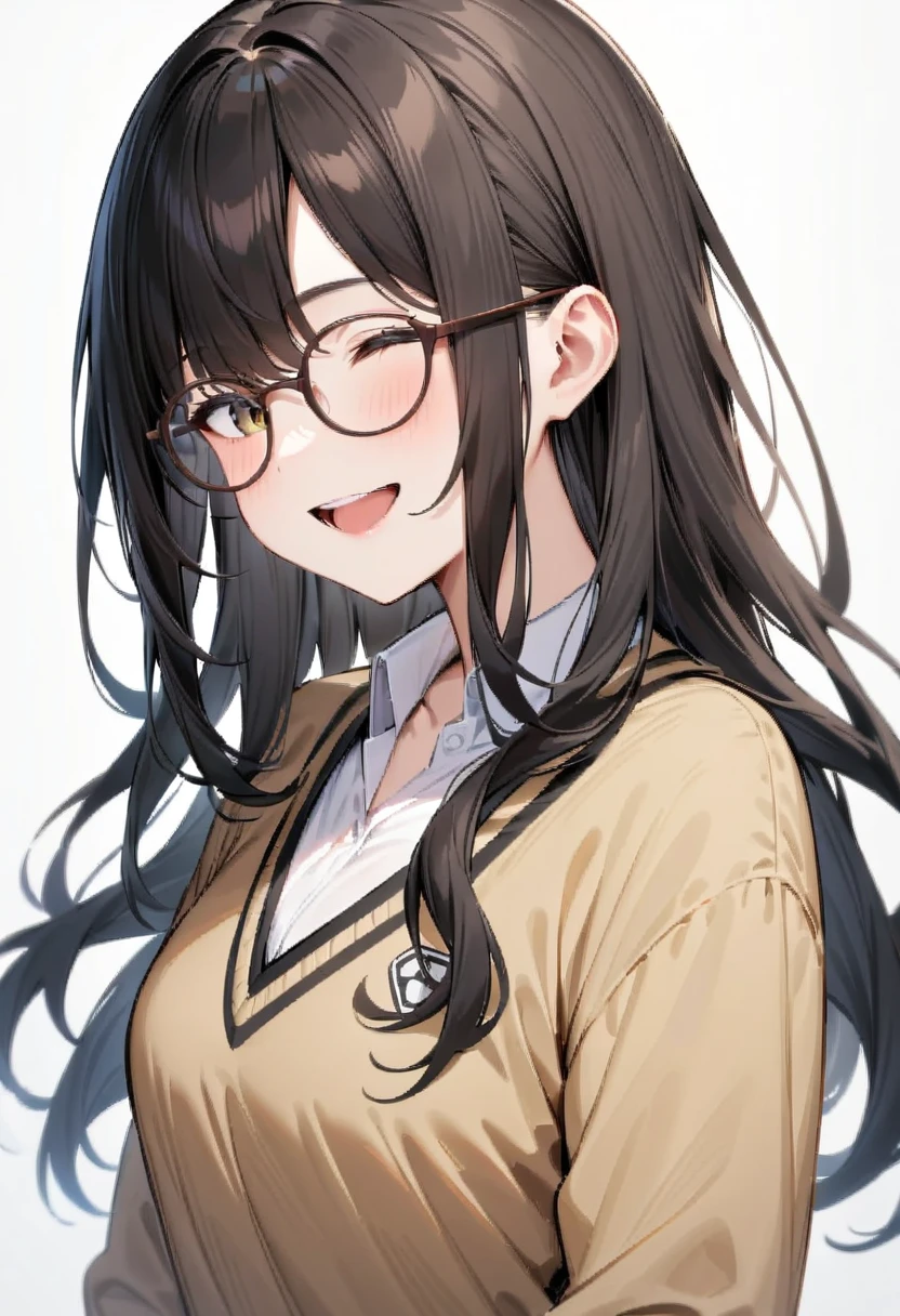 masterpiece, best quality, very aesthetic, absurdres,
1girl, solo, black hair, long hair,
g-boston19s,  glasses, brown-framed eyewear,
collared shirt, happy, smile, looking at another, white background, simple background,
<lora:glasses_boston_19s_SDXL_V1:1>