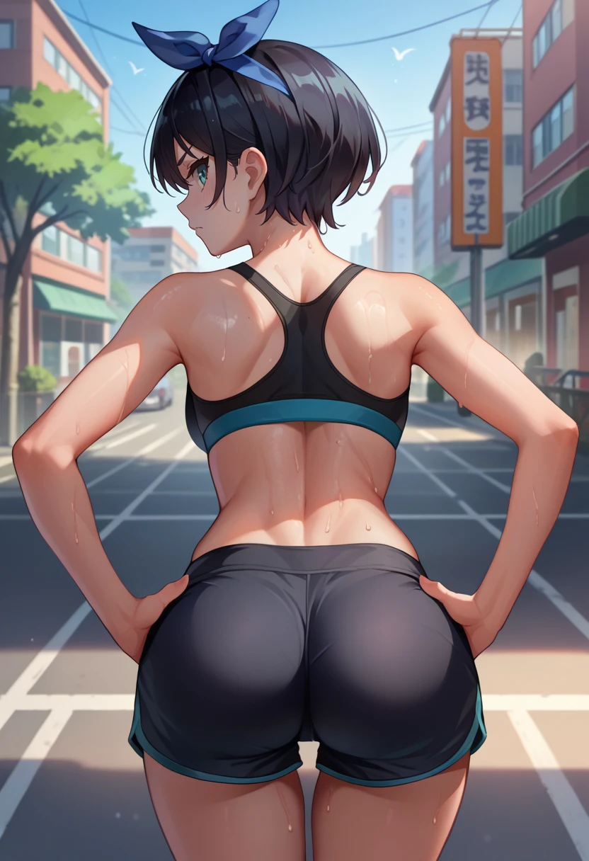 score_9, score_8_up, score_7_up, source_anime, from behind, solo, 1girl, sarashina ruka, sweat, expressionless, looking back, hands on own hips, blue hairband, black sports bra, black shorts, ass, outdoors, city street <lora:rentagirlfriend_sarashina_ponyXL:1>