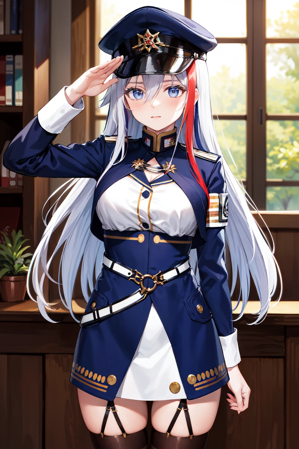 masterpiece, best quality, highres, aalena, long hair, multicolored hair, streaked hair, military hat, blue headwear, hair between eyes, medium breasts, military uniform, white shirt, blue jacket, armband, long sleeves, white belt, blue skirt, garter straps, white thighhighs, <lora:vladilena_millize_v1:0.7>, salute, indoors, standing, cowboy shot,