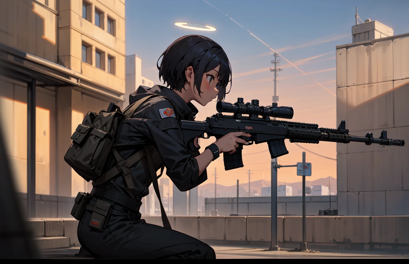(masterpiece, best quality),1girl, solo, desert city background, outdoors, street wear clothing, short hair, night sky, cloud, black short hair , tanned skin, tanned face, wing, flying, glowing halo, depth of field, cinematic, looking at camera,(holding, holding_gun:1.0), from side, (assault rifle, gun, machine gun, rifle, weapon:1.2), (trigger_discipline:1.2), (aiming:1.3) <lora:9k GUN:0.3>