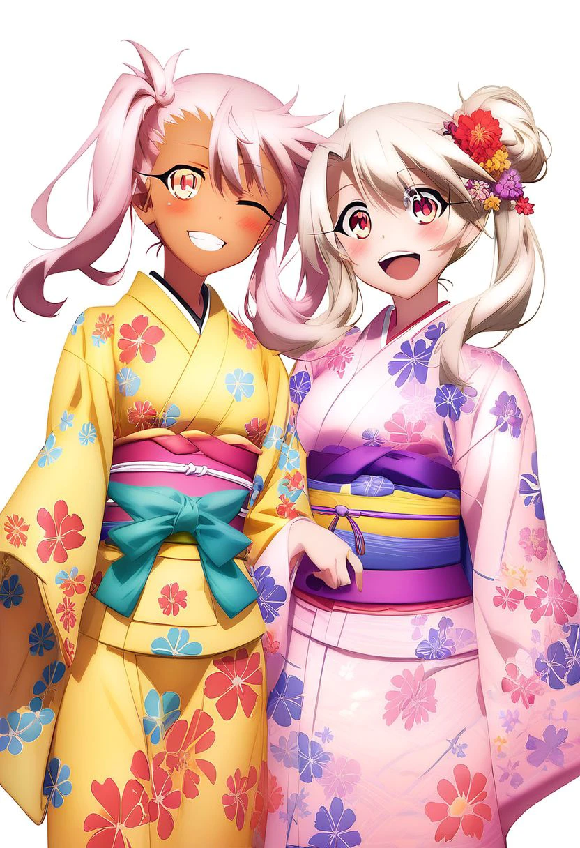 score_9, score_8_up, score_8, medium breasts, cute, eyelashes,  
2girls, blush, breasts, chloe von einzbern, dark-skinned female, dark skin, female focus, floral print,  illyasviel von einzbern, japanese clothes, kimono, long hair, looking at viewer, multiple girls, obi, official alternate costume, one eye closed, open mouth, pink hair, print kimono, red eyes, sash, simple background, smile, twintails, white background, white hair, wide sleeves, yukata