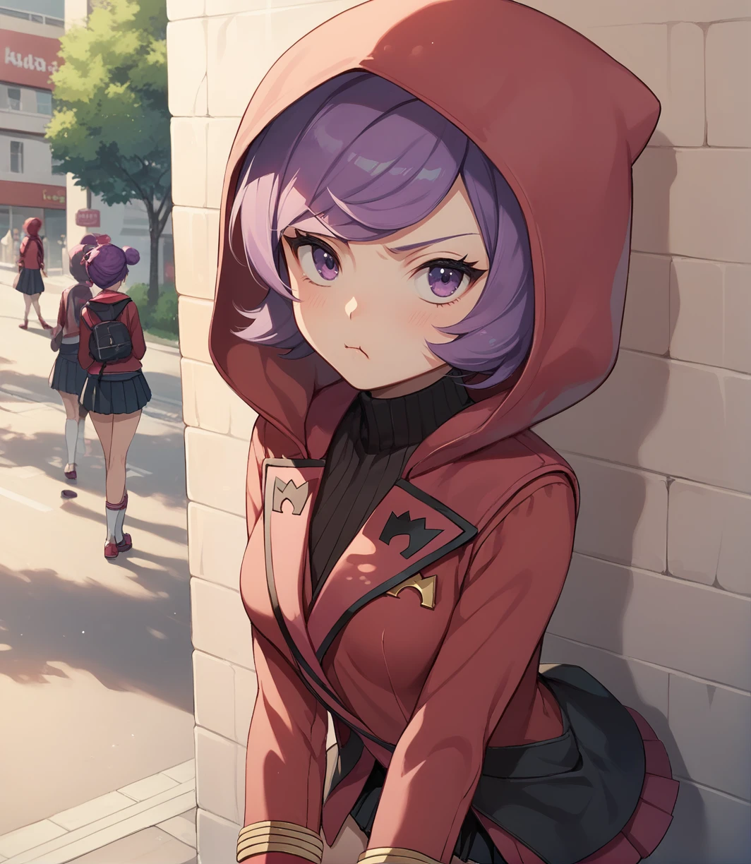 score_9,score_8_up,score_7_up,score_6_up,source anime BREAK,
1girl, courtney (pokemon), purple hair, swept bangs, eyelashes, purple eyes, short hair, medium breasts,
hood, hoodies, school uniform, pleated skirt, thighhighs, neckerchief,
outdoors, pout, street,
<lora:courtney_v1_0:1>