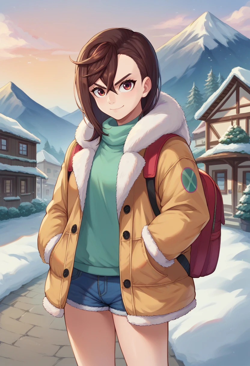 score_9, score_8_up, score_7_up, source_anime, solo, 1girl, ayase momo, smirk, looking at viewer, winter clothes, fur-trimmed coat, denim shorts, backpack, outdoors, village, mountain <lora:dandadan_ayase_ponyXL:1>