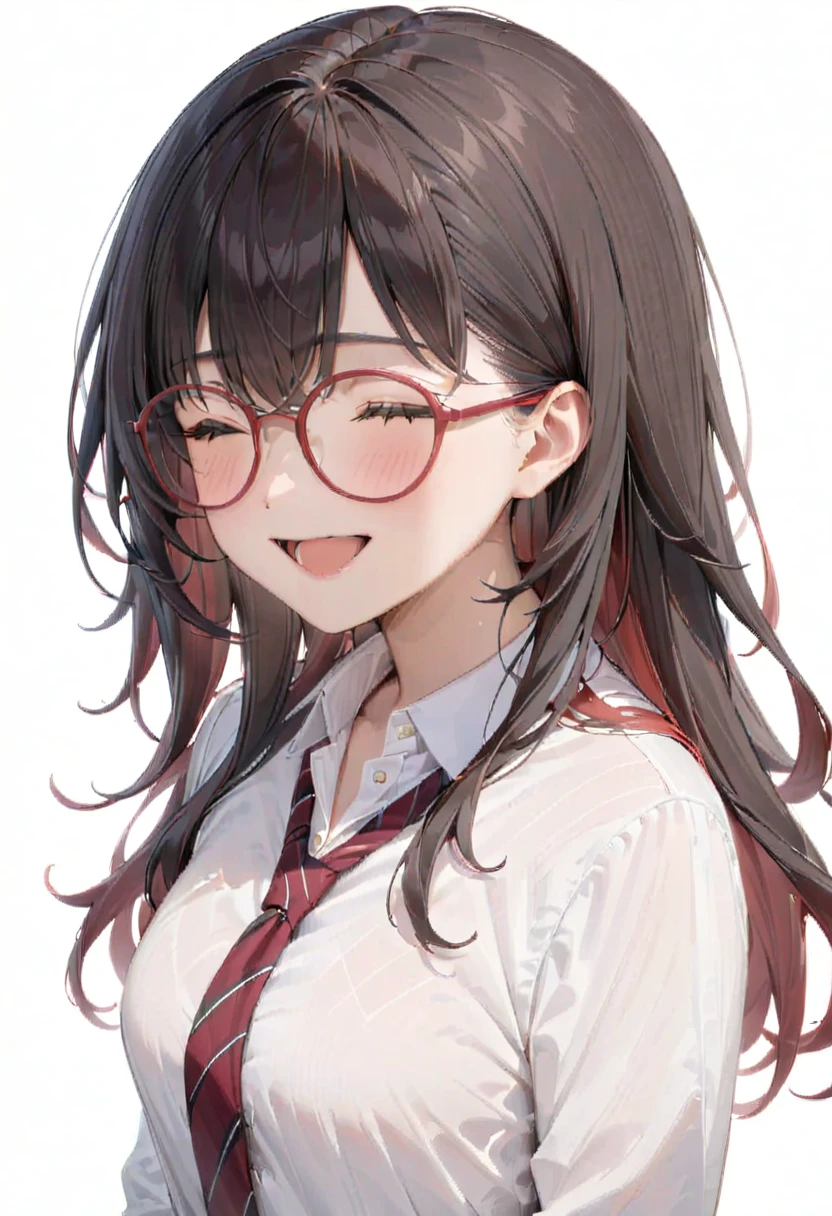 masterpiece, best quality, very aesthetic, absurdres,
1girl, solo, black hair, long hair,
g-boston19s, glasses, red-framed eyewear,
collared shirt, happy, smile, looking at another, closed eyes, open mouth, white background, simple background,
<lora:glasses_boston_19s_SDXL_V1:1>