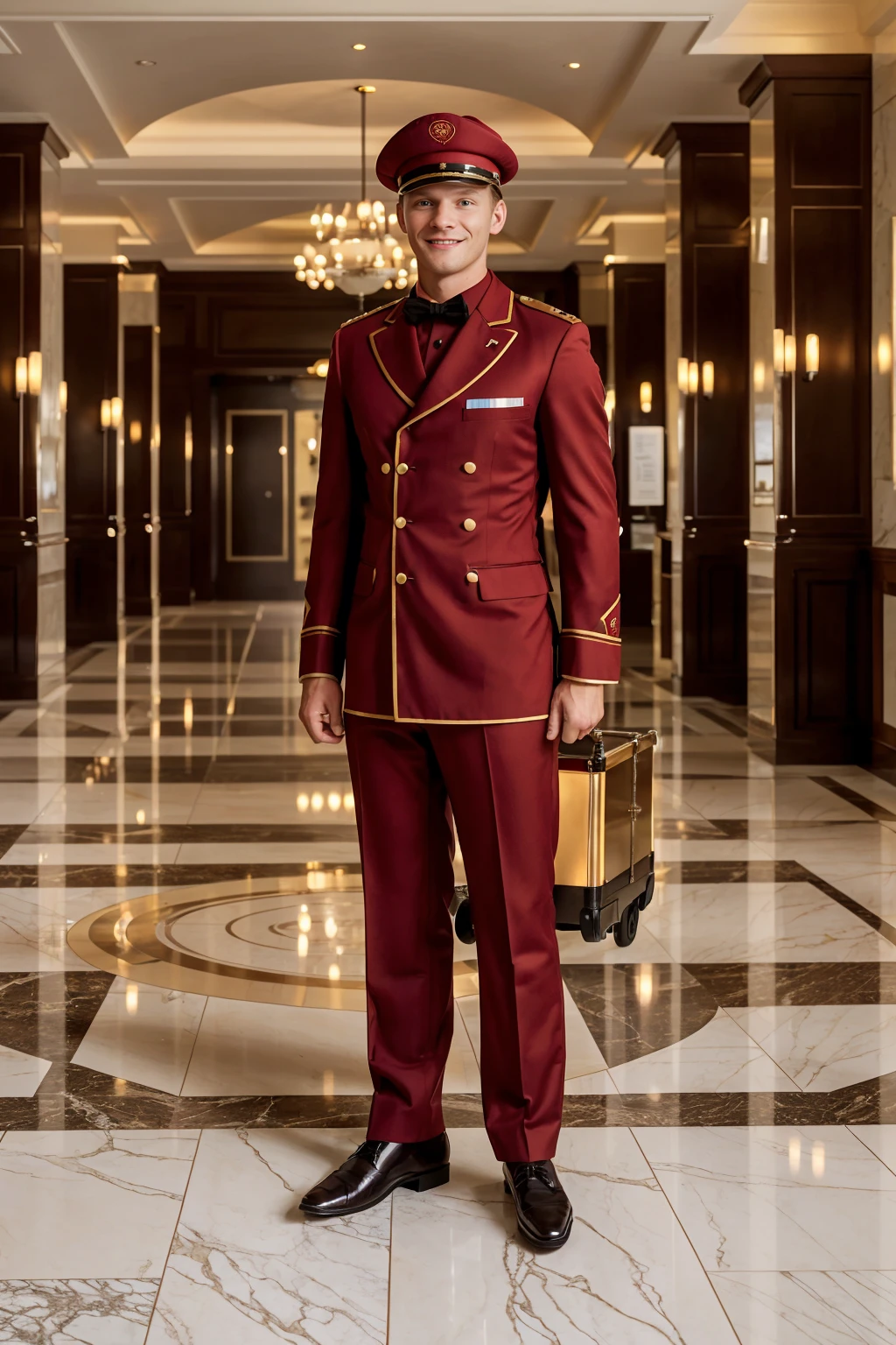 lobby of luxury hotel, ViggoSorensen (wearing red bellhop uniform), standing next to bellman cart, smiling, (((full body portrait))), wide angle, <lora:ViggoSorensen:0.8>