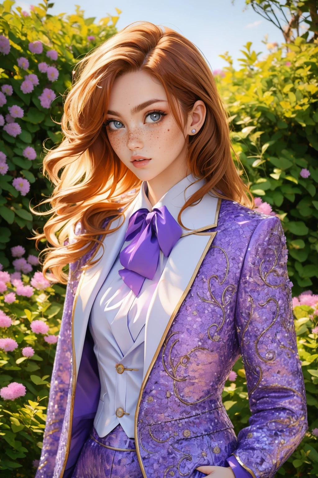 <lora:detail_slider_v4:1> <lora:Fr3ckles:0.75> Fr3ckles, ginger hair, long hair, grey eyes, freckles, 1girl,  <lora:purpsu1t:0.75> purpsu1t, purple suit, flowers,