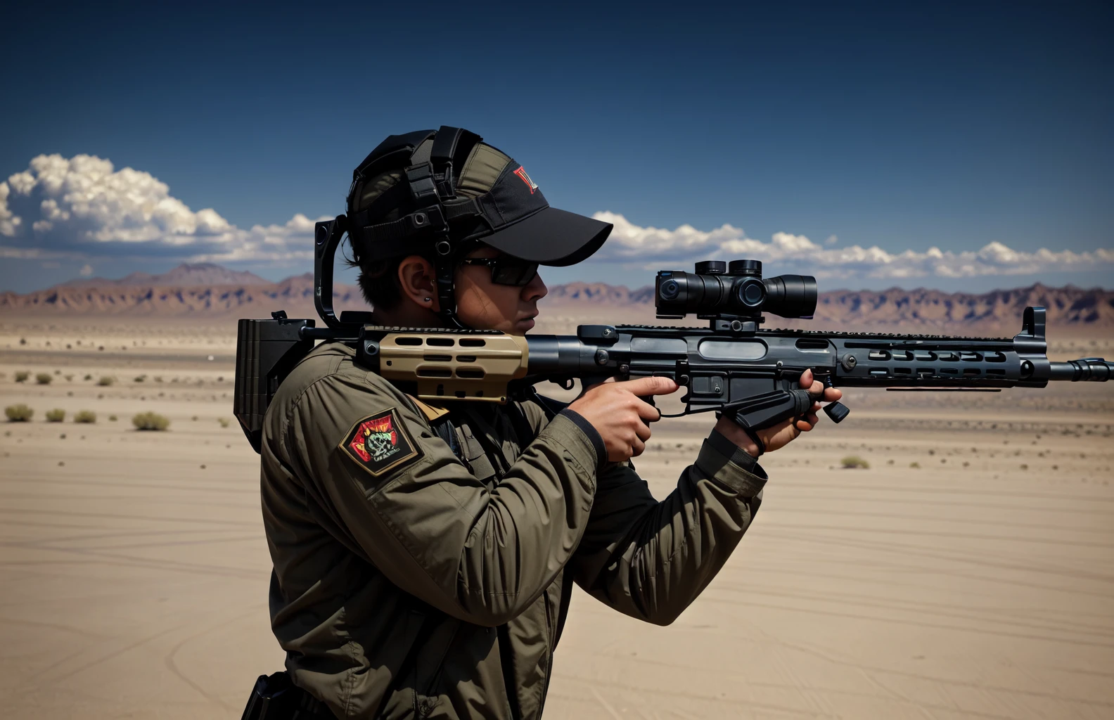(masterpiece, best quality),1girl, solo, desert city background, outdoors, street wear clothing, short hair, night sky, cloud, black short hair , tanned skin, tanned face, wing, flying, glowing halo, depth of field, cinematic, looking at camera,(holding, holding_gun:1.0), from side,looking at viewer, (assault rifle, gun, machine gun, rifle, weapon:1.2,scope), (trigger_discipline:1.2), (aiming:1.3) <lora:9k GUN:0.3>