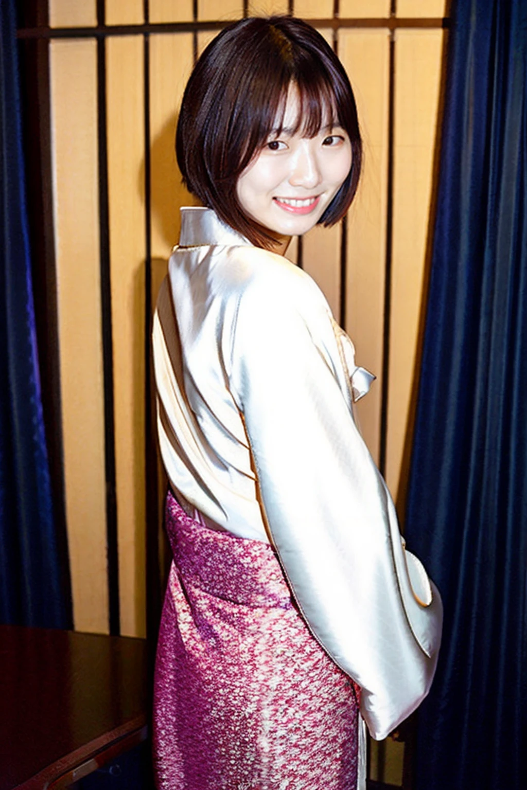 (from behind:1.4),best quality and best aesthetic,a photo of a japanese woman named sumire kuramoto, solo, Wearing a printed kimono with detailed embroidery,grin, looking at viewer,short hair, teeth,open mouth,face,looking back,
standing, indoors, window, bangs, bob cut, curtains,
<lora:sumire kuramoto_V1:0.9>,flash photography,<lora:flash photography photoV3:0.4>
nigth bedroom background,lamp on table, film grain,cinematic,<lyco:film grainV3:0.4>,
