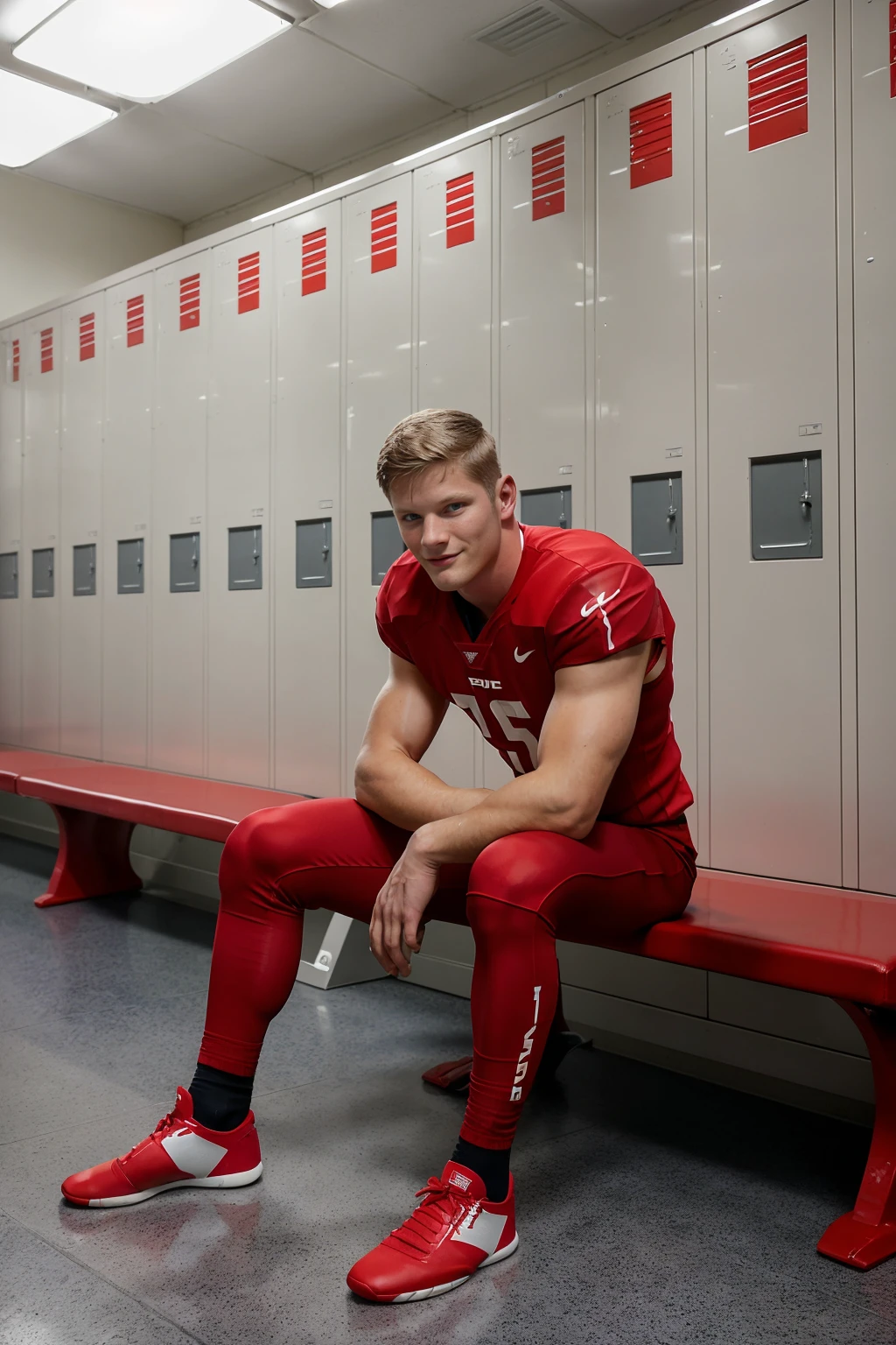 locker room, sitting on a bench, in front of lockers, slight smile, ViggoSorensen is an (American football player), wearing red (football uniform:1.3), (red jersey:1.3), (shoulder pads), (jersey number 7),  (pale silver football pants:1.2), (red socks), (black sneakers), (((full body portrait))), wide angle  <lora:ViggoSorensen:0.8>