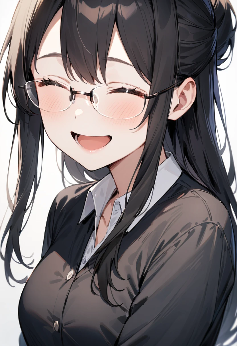 masterpiece, best quality, very aesthetic, absurdres,
1girl, solo, black hair, long hair,
rimless18s, glasses,
collared shirt, happy, smile, looking at another, closed eyes, open mouth, white background, simple background,
 <lora:glasses_rimless_18s_SDXL_V1:0.8>