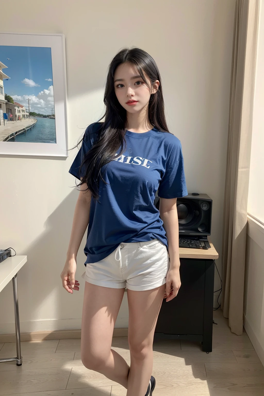 ((RAW photo:1.2)), ((masterpiece:1.2, best quality)), highres, 8k, (real art, realistic, photo-realistic:1.4), naturalness, ultra detailed, physically-based rendering, beauty, detailed beautiful eyes and detailed face, (best shadow), (exquisitely detailed real skin texture, Detailed shiny skin), (normal physical expression, perfect anatomy:1.7), (cinematic lighting), Moist lips,
BREAK
1 girl, (computer room), (slender), (cute), deep-blue hair, absurdly_long_wavy_hair, shiny-blue eyes, eyelash, nose, (blush:1), pastel-red thin lip, smile, medium breast, (oversize t-shirt), slim_thigh, looking at viewer, ((full body))