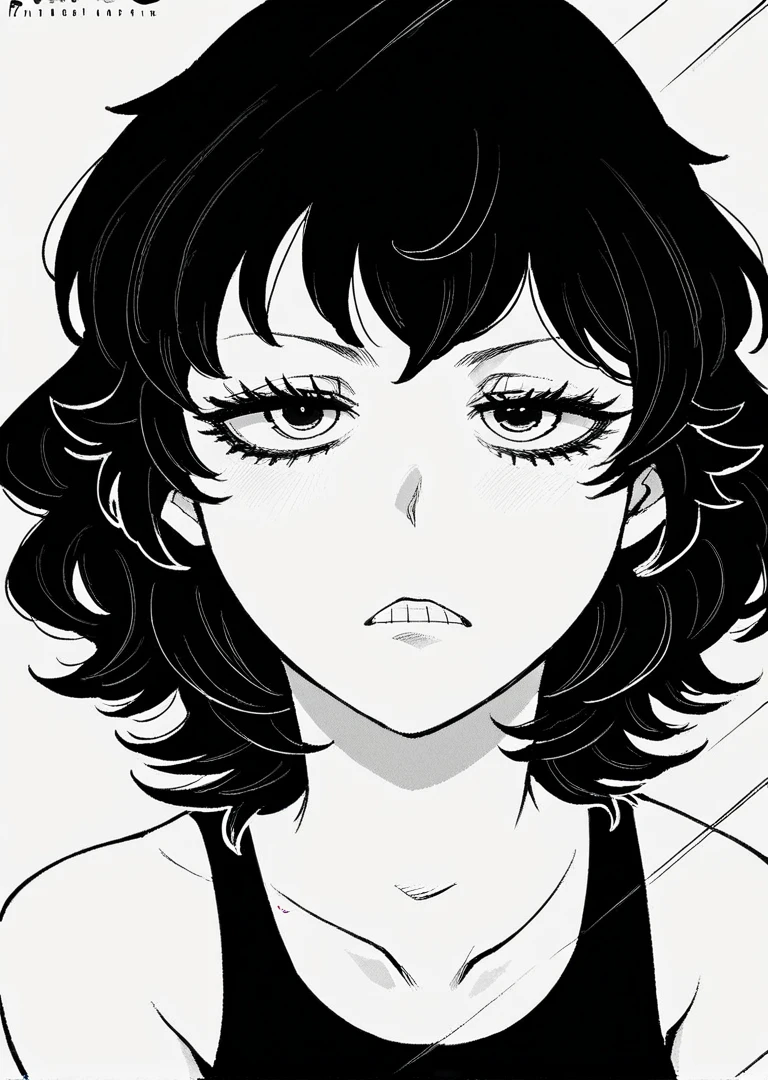 score_9, score_8_up, score_7_up, 1girl, nafra, black hair, short hair, black eyes, monochrome, frown, teeth, eyelashes, eyeliner, narrowed eyes, black tank top, white background, manga, looking at viewer,
