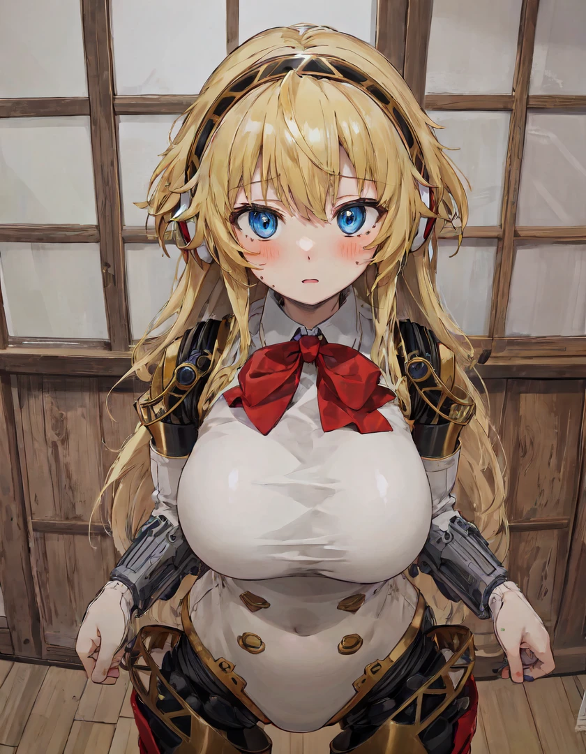 masterpiece, best quality, absurdres, 1girl, solo, aegis, robot joints, blush, huge breasts, narrow waist, wide hips, thick thighs,
long hair, blue eyes, blonde hair,
bowtie,
yokozuwari, pov,