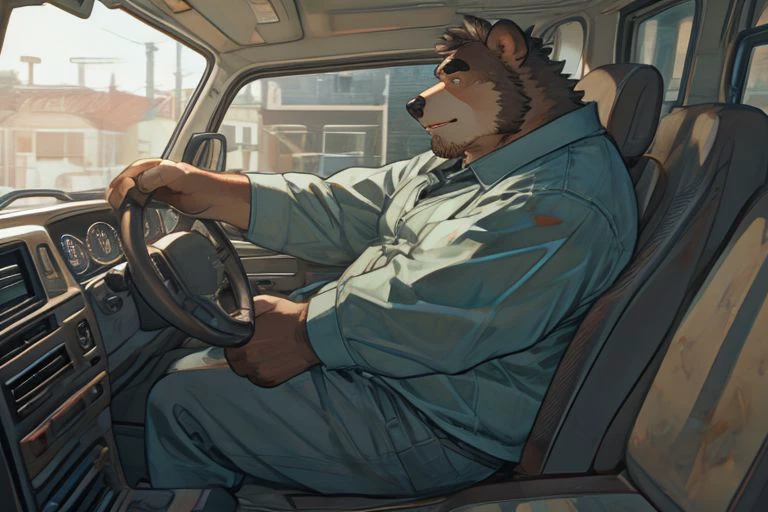 high quality:2, best quality:2, thickly animated, 2D, Delicate modeling, detail face, detail interior:2, soft shadow,side view:2, look from left side, 
a bear man, 40s, daddy, masculine, fat, overweight, wearing working wear, light-color cloth, heavy stained wear, sweaty, sweat, smelly, filthy,
in truck, japanese right-handle truck:2, inside of truck, driving, gripping handle, 
sitting on drivers seat, lean on back, 
long sleeves, roll up sleeves, oil-stained cloth, open legs wide, 
cloth-collar and chest pockets, wide-legged trousers, heavy dirty working shoes, 
shift knob, drink holder, Spacious driver's seat, Seat with large backrest, round handle, 
at night, dark outside a window