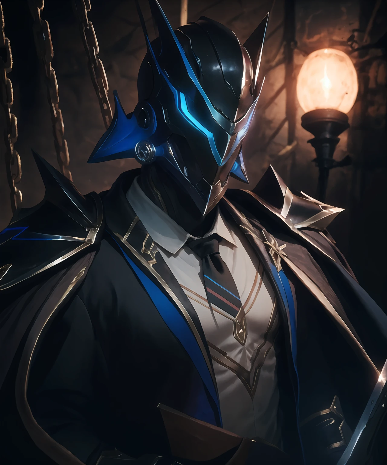 masterpiece,best quality,highres,cinematic lighting,dramatic angle,1boy,<lora:ShadowverseKyrzaelV5:0.8> ,helmet,circlet,black armor,white shirt,necktie,black suit,cape,looking at viewer,grasp,hand up,portrait,chain,depth of field,holding weapon