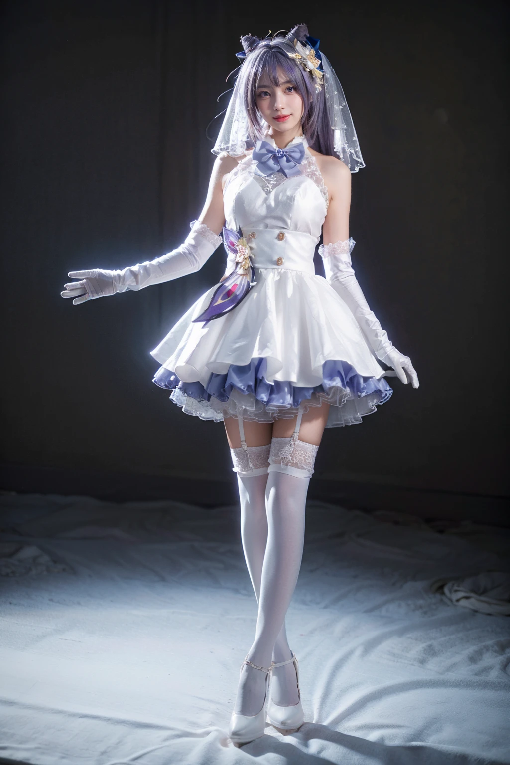 best quality, masterpiece, realistic, photorealistic, 1girl, solo, looking at viewer, smile, standing, full body, arms at side, keqing cosplay costume, keqing, cosplay, alternate costume, purple hair, twintails, long hair, hair bun, cone hair bun, dress, white dress, wedding dress, sleeveless dress, frills, lace trim, gloves, white gloves, elbow gloves, bow, bowtie, veil, bridal veil, bride, hair ornament, hair flower, hair ribbon, hair bow, thighhighs, lace-trimmed legwear, frilled thighhighs, white thighhighs, high heels, grey background, <lora:Genshin_Keqing_WeddingDress_cosplay_v1:0.75>