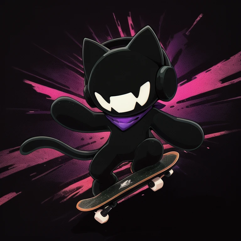 (best quality, high quality:1), <lora:fluffyrock-quality-tags-v4:1>, monstercat, black cat, short, black headphones, purple bandana, black tail, smile, anthro,
riding on black skateboard with white wheels, skateboard with single red line, glitch background,  <lora:Monstercat_LoRA_v1.0:0.75>