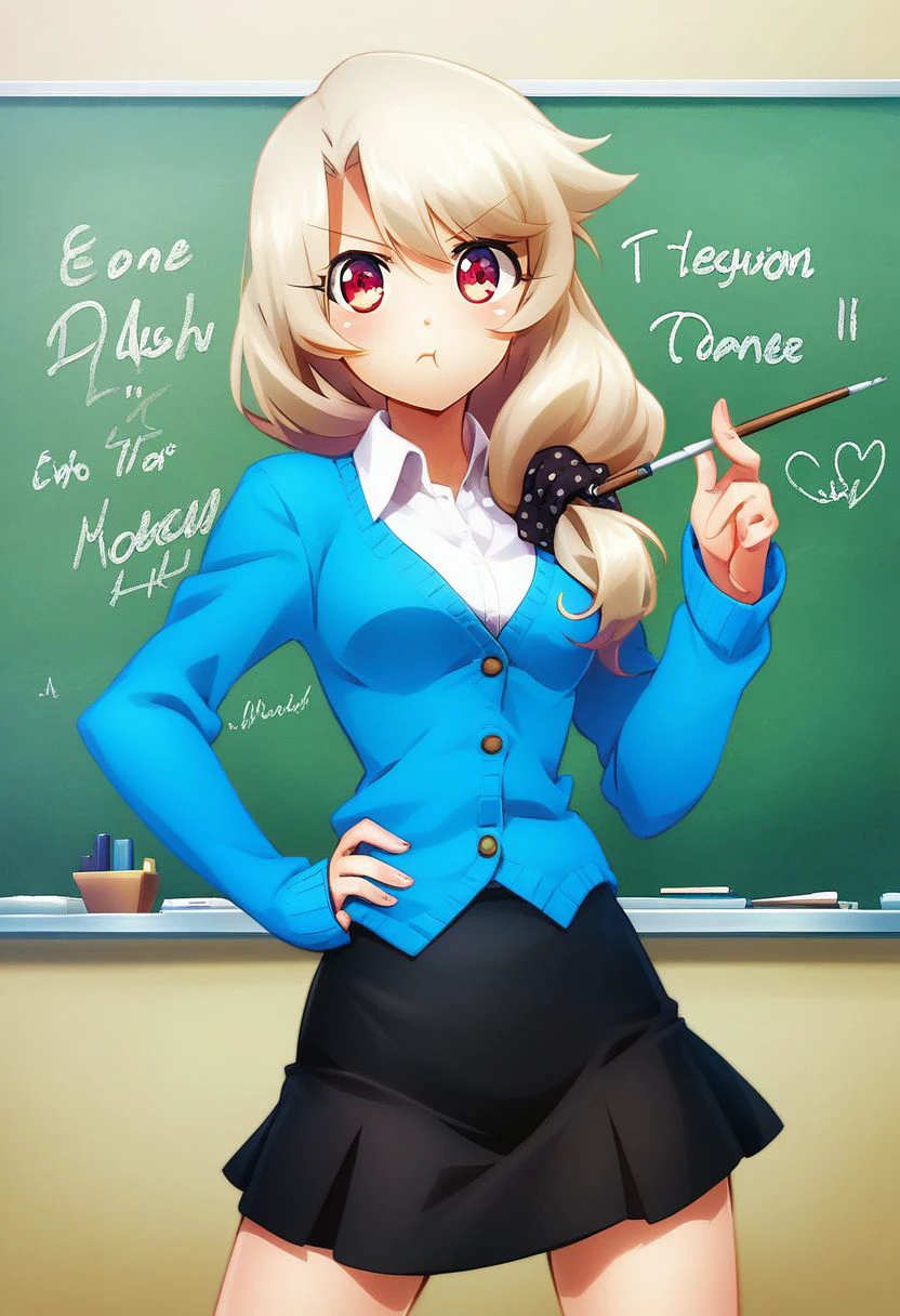 score_9, score_8_up, score_8, medium breasts, cute, eyelashes,  
1girl, :t, black scrunchie, black skirt, blue shirt, cardigan, chalkboard, contrapposto, cosplay, cowboy shot, ellen baker, ellen baker (cosplay), german text, hair ornament, hair over shoulder, hair scrunchie, hand on own hip, illyasviel von einzbern, indoors, light brown hair, long sleeves, looking at viewer, new horizon, pointer, polka dot, polka dot scrunchie, pout, red eyes, scrunchie, shirt, sidelocks, skirt, solo, standing, teacher, v-shaped eyebrows, white shirt