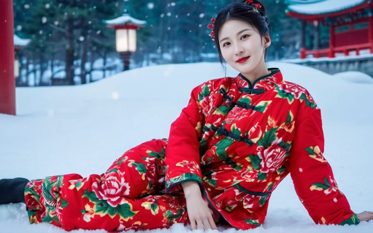 1girl,wearing a red printed cotton jacket and a pair of red printed pants,twintails,dongbeicoat,chinese dress,<lora:coat-03:0.65>,pointed patent leather high heels,flower,looking at viewer,lying on snow outdoors,snow,snowing,night,spotlights,neon lights,light scattering,dark,ray tracing,deep shadow,(depth of field:1.2),action pose,dynamic pose,(red lipstick:1.2),happy,joy,glad,grin,slim body,long legs,sophisticated and professional lighting,wide angle,view from above,long shot,(perfect Anatomy:1.4)(ultra detailed skin, ultra detailed face,detailed eyes, detailed skin pores:1.2)8K, UHD, high definition photo(hyperdetailed:1.2)<lora:add-detail-xl:1>
(best quality, masterpiece:1.2, photo realistic:1.4),highly detailed,ultra high res,8K,RAW,realistic shadow,(skin pores),detailed skin texture,film grain,natural shading,detailed background,professional light,