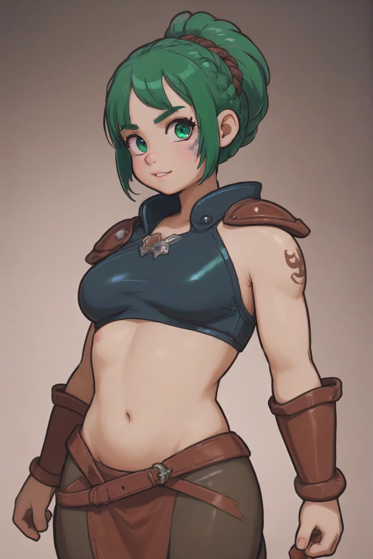 (masterpiece), best quality, expressive eyes, perfect face, 1girl, neeko, breasts, standing, ((small breast)), solo, (abs), ((green hair)), short hair, green eyes, ((tsundere)), ((embrassed)), ((shy), looking at viewer, perfect eyes, perfect face, ((hands behind back)), ((arms down)), cowboy shot, simple background, grey background, virgin destroyer sweater, navel, thighhighs,
