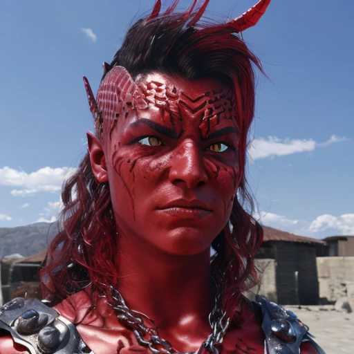 Karlach, red skin, yellow eyes, chainmail, in hell