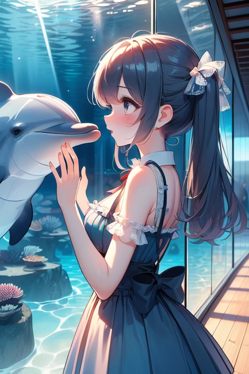 (((masterpiece, best quality, very aesthetic, absurdres))), ((public aquarium)), ((dolphin underwater)), ((look at each other)), ((glass)), dress, bow, reflection, wooden floor, solo, 1girl, ribbon, sweat, shy, blush, parted lips, pretty face, big tits, slim figure,<lora:girllikedolphinunderwater:0.9>