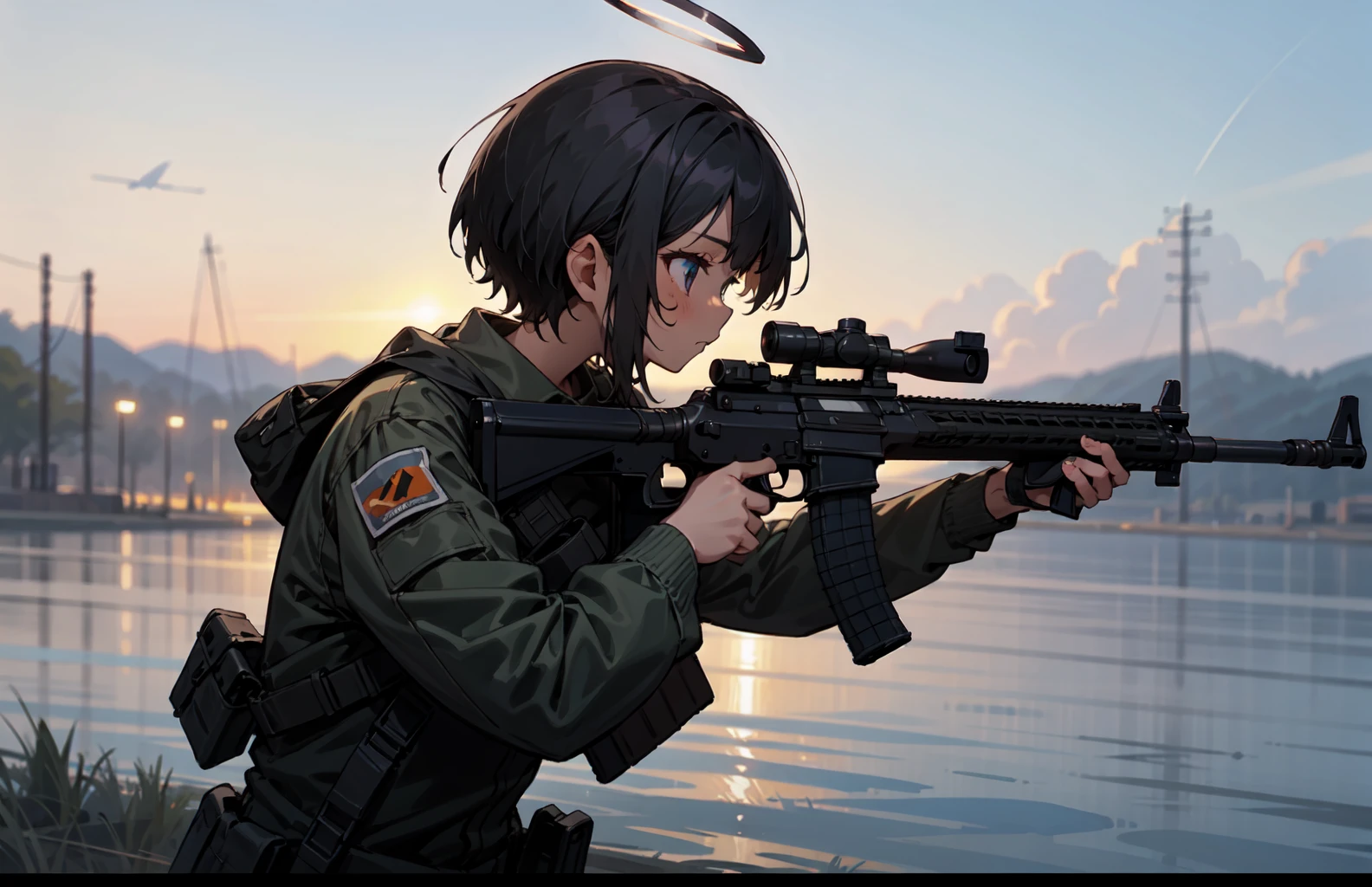 (masterpiece, best quality),1girl, solo, ocean background, outdoors, letterboxed, street wear clothing, short hair, night sky, cloud, black short hair , tanned skin, tanned face, wing, flying, glowing halo, depth of field, cinematic, looking at camera,(holding, holding_gun:1.0), from side, (assault rifle, gun, machine gun, rifle, weapon:1.2), (trigger_discipline:1.2), (aiming:1.3) <lora:9k GUN:0.3>